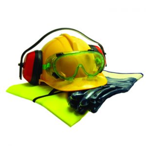 A yellow hard hat and safety goggles on a white background.