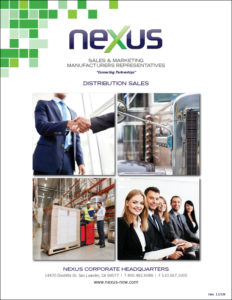 Sales brochure promoting the distribution of Nexus products, featuring information on nexus-now and the manufacturer representative.