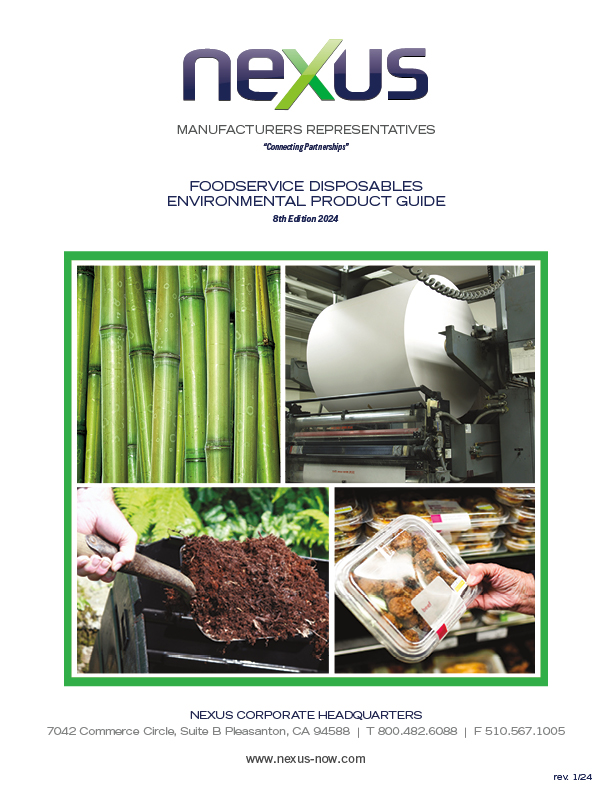 Promotional material for a company named nexus, showcasing environmentally sustainable products, including bamboo, recycled paper, compost, and food containers.