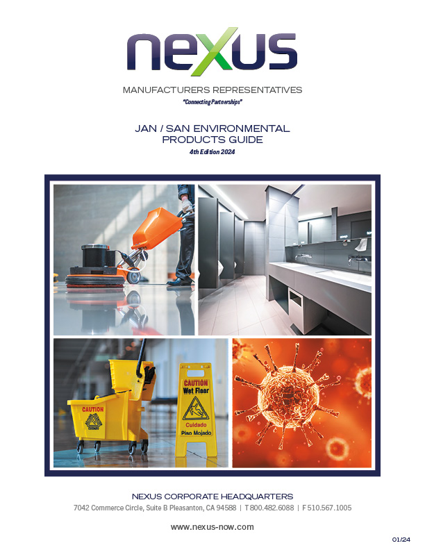 Advertisement for nexus corporate headquarters featuring robotics, modern kitchen design, cleaning equipment, and microscopic technology imagery.
