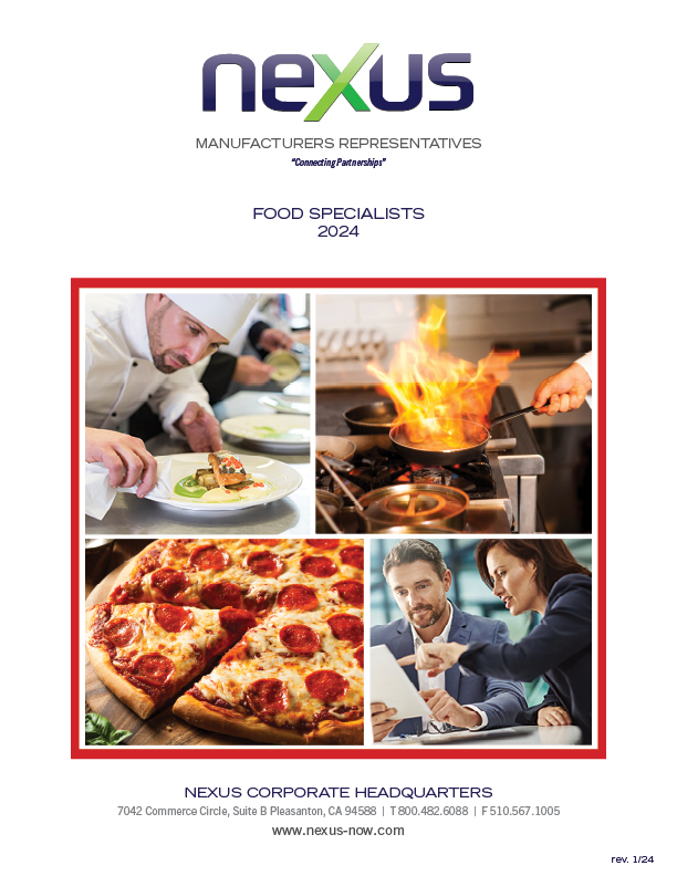 Nexus Food Specialist Brochure  with images of chefs cooking, a woman serving a dish, and professionals discussing over a laptop.