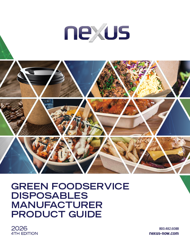 Cover of the Nexus Green Foodservice Disposables Manufacturer Product Guide 2026, featuring images of food and drinks in disposable containers arranged in a geometric pattern.