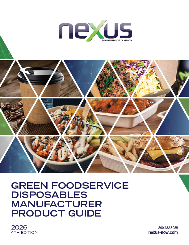 Cover of the Nexus Green Foodservice Disposables Manufacturer Product Guide 2026, featuring food and drink items arranged in a geometric pattern.