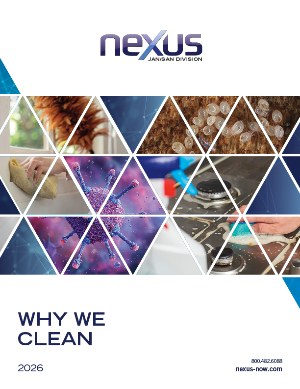 A geometric collage shows cleaning tasks, germs, and a virus, alongside the Nexus JanSan Division logo and the text "Why We Clean 2026.