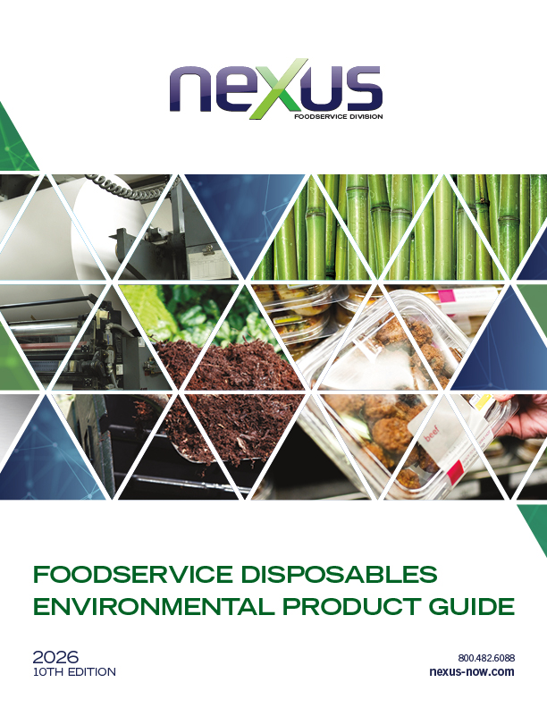 Cover of the Nexus Foodservice Disposables Environmental Product Guide 2026, featuring images of eco-friendly materials and products arranged in a geometric pattern.