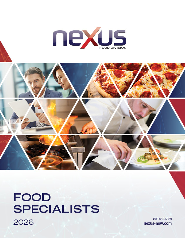 Cover page for Nexus Food Division featuring chefs cooking, food preparation, and pizza, with text: "Food Specialists 2026" and company contact information.