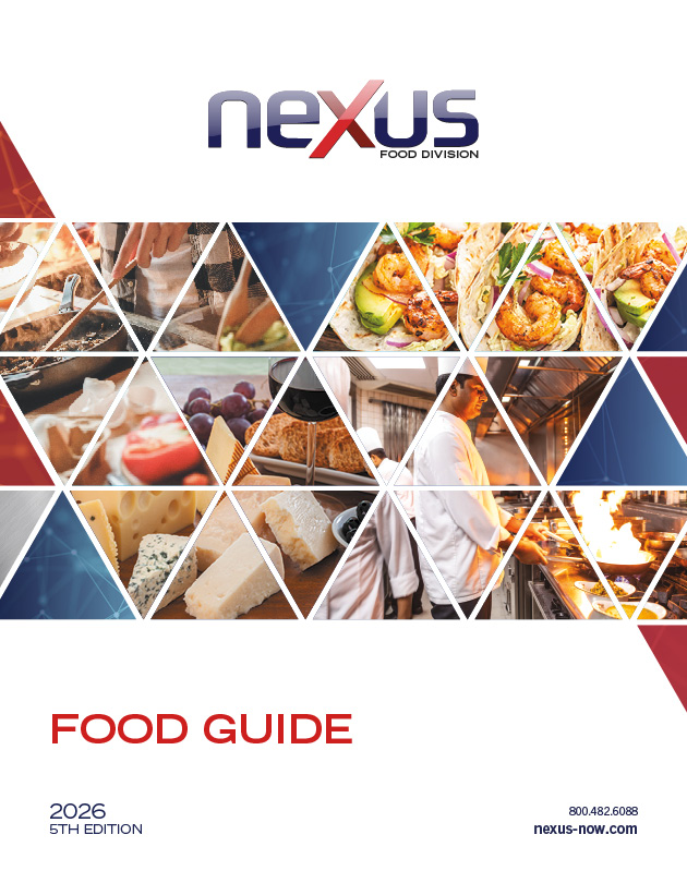 Cover of the Nexus Food Division Food Guide 2026, featuring a collage of various food and kitchen images in triangular shapes.