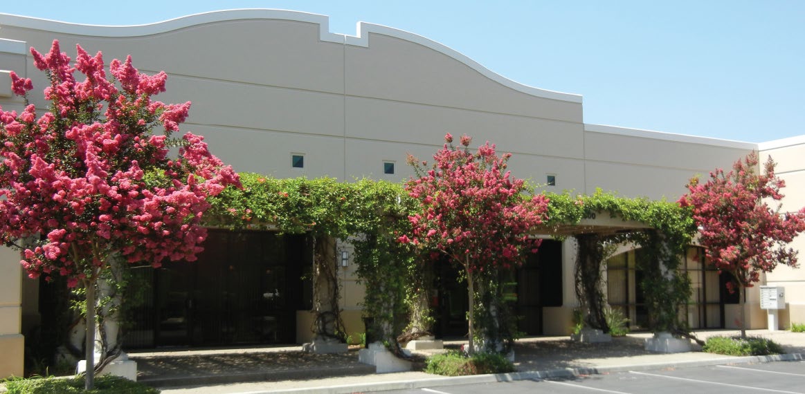 A beige commercial building with ivy-covered trellises and several small trees with pink flowers in front, adjacent to a parking lot under a clear sky.